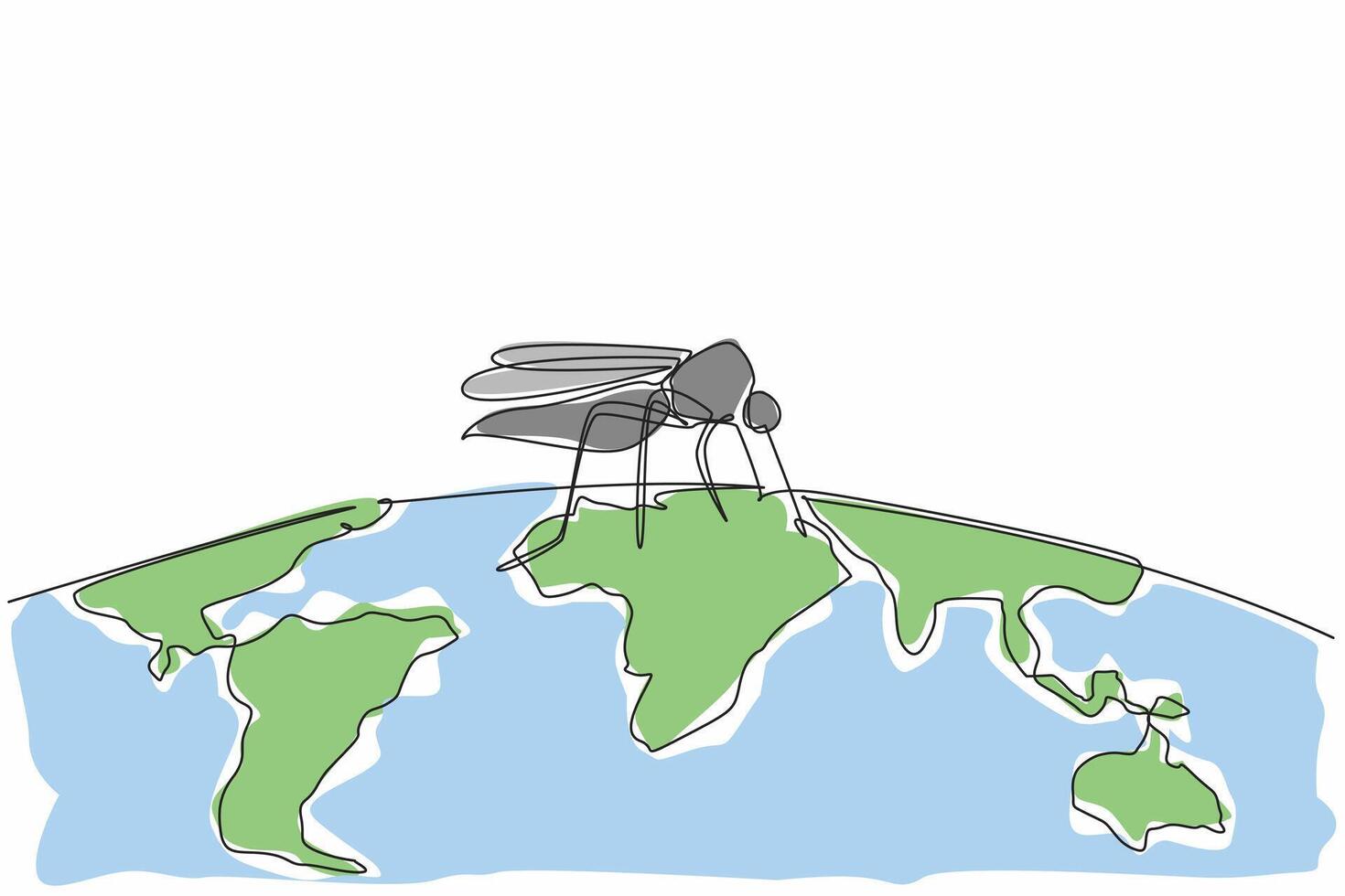 Single one line drawing semicircular world map with big mosquito on it. Malaria-spreading mosquitoes all around. Be alert. Live healthy. World Malaria Day illustration. Continuous line design graphic vector