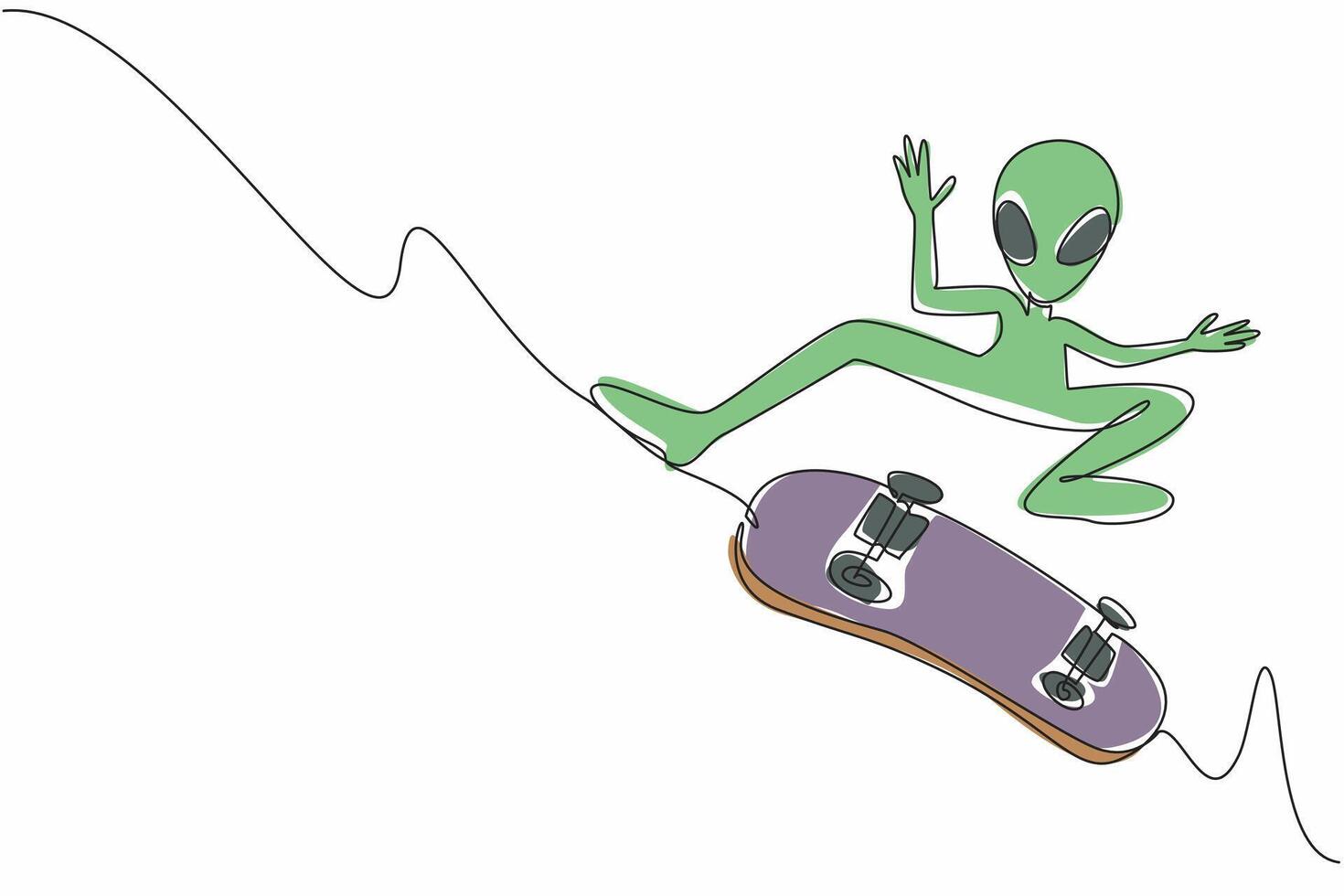 Single continuous line drawing alien is playing skateboard with pose jump and perform tricks. Likes extreme sports that get the adrenaline pumping. Alien Day. One line illustration design vector