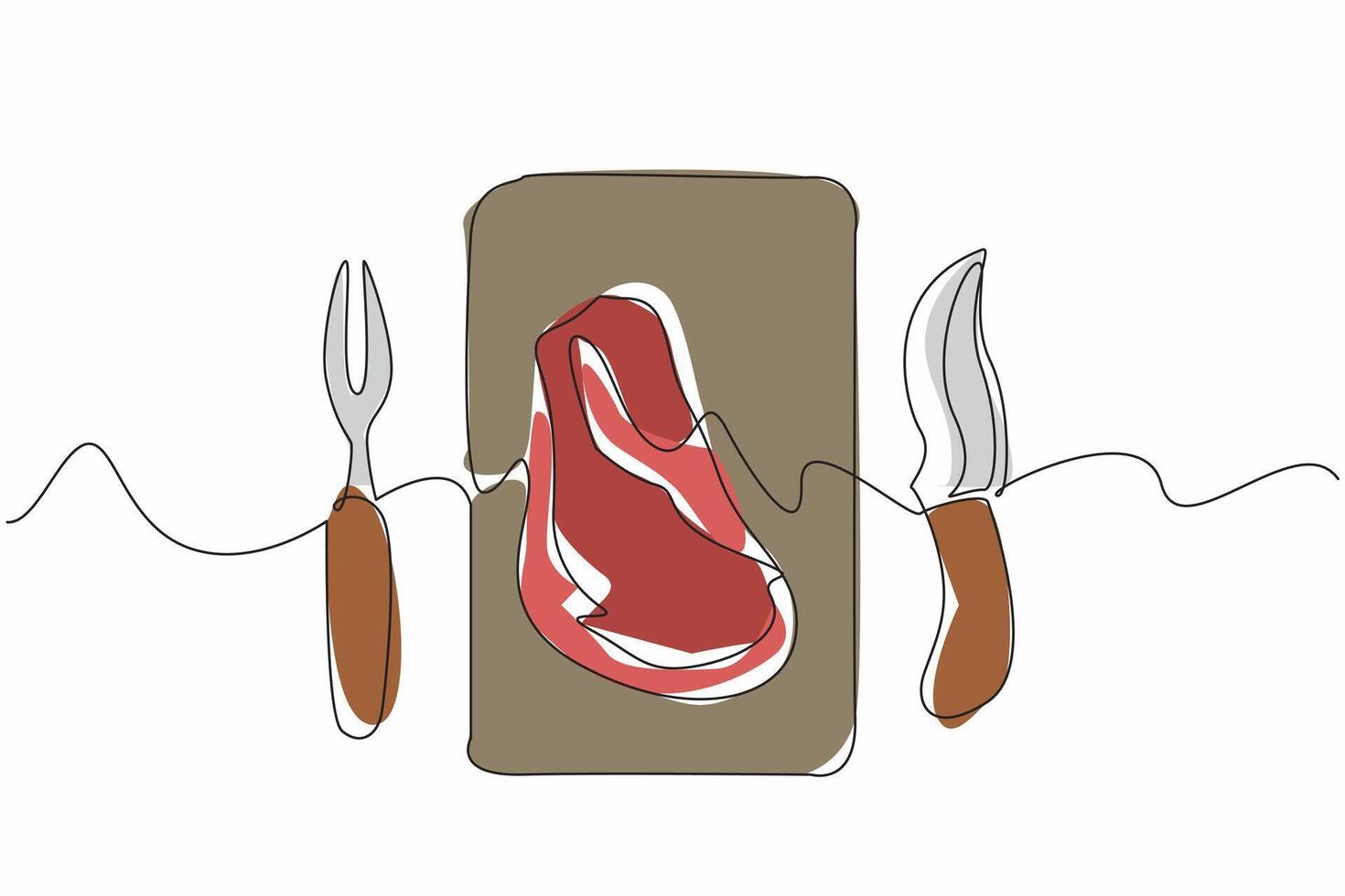 Single continuous line drawing prime rib slices on a square wooden cutting board. The main meal has been served. Hunger quencher. Delicious. National Prime Rib Day design. One line vector