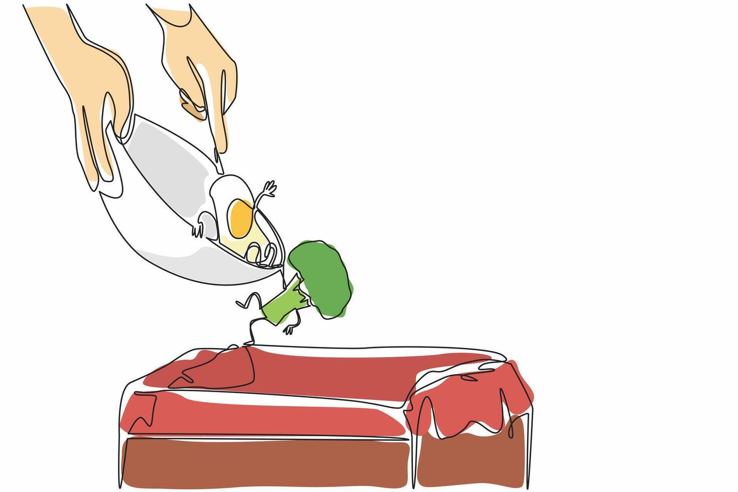 Single continuous line drawing hands throwing fried eggs and broccoli from the bowl into trash. Food who do not like to throw away. Bad habits. Stop Food Waste Day illustration. One line design vector