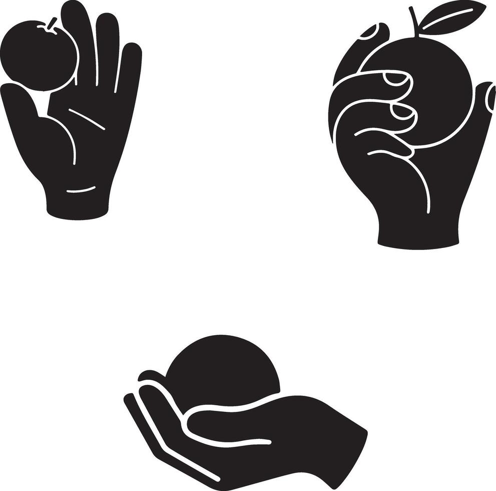 Illustration of three stylized hand silhouettes holding or presenting different circular objects. vector