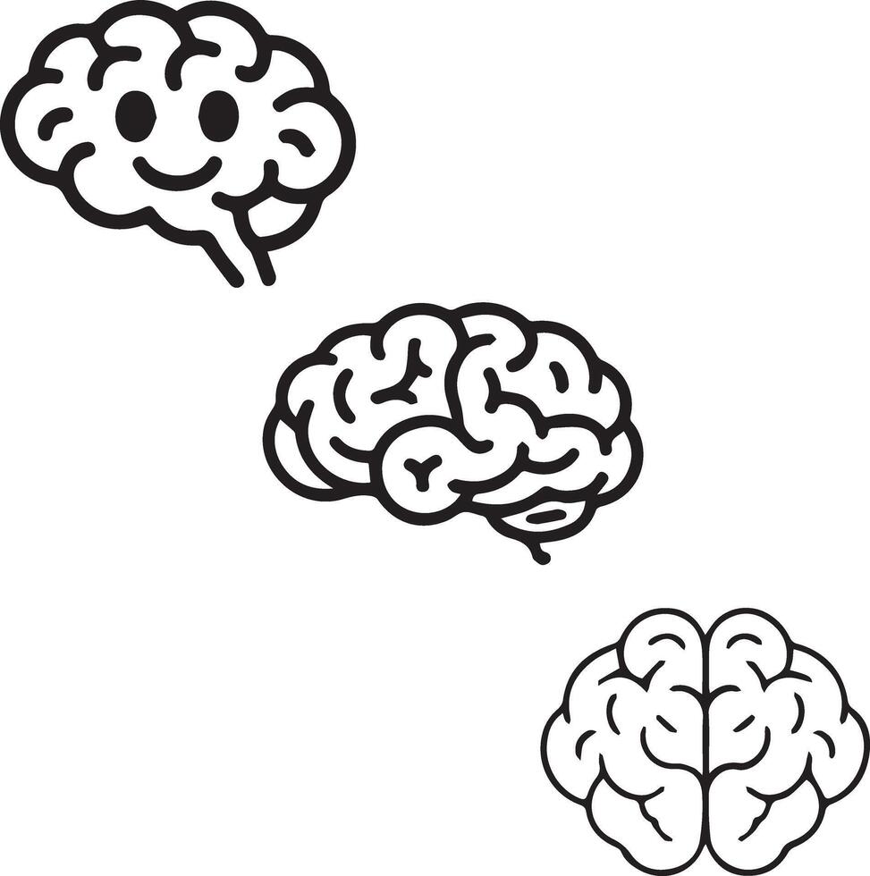 Three stylized brain illustrations in black outline on a white background. vector