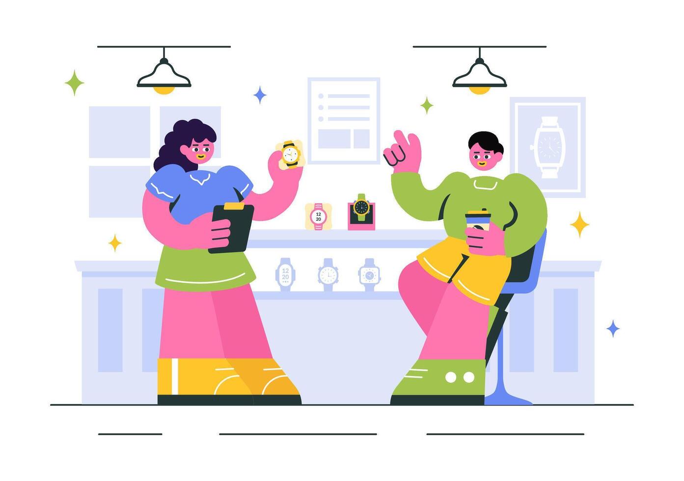 Two friends discussing watch designs vector