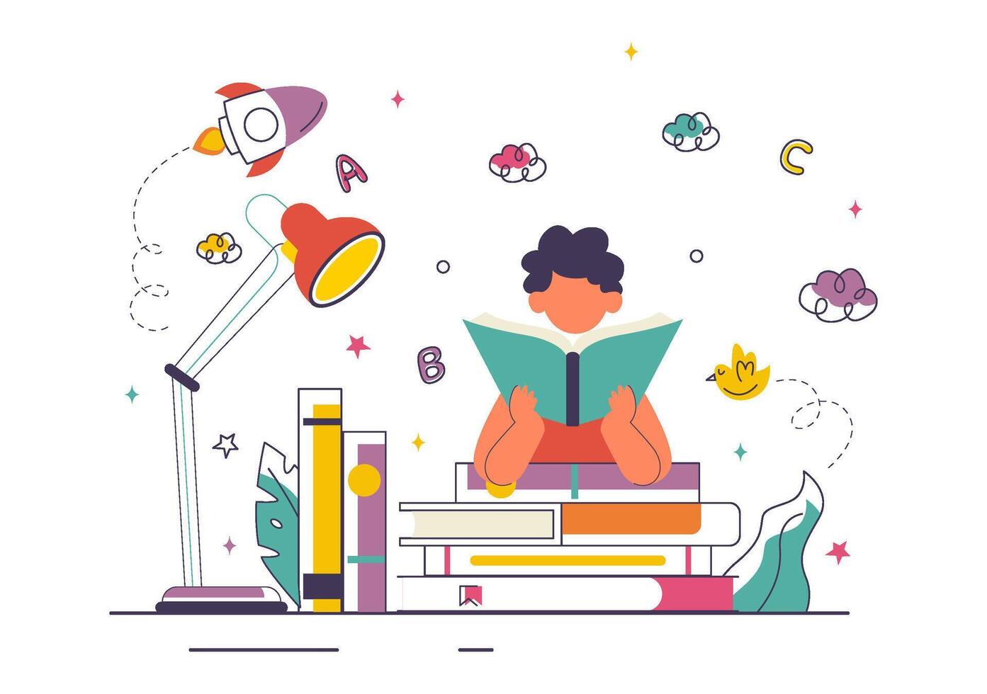 Child reading surrounded by books and lamp vector