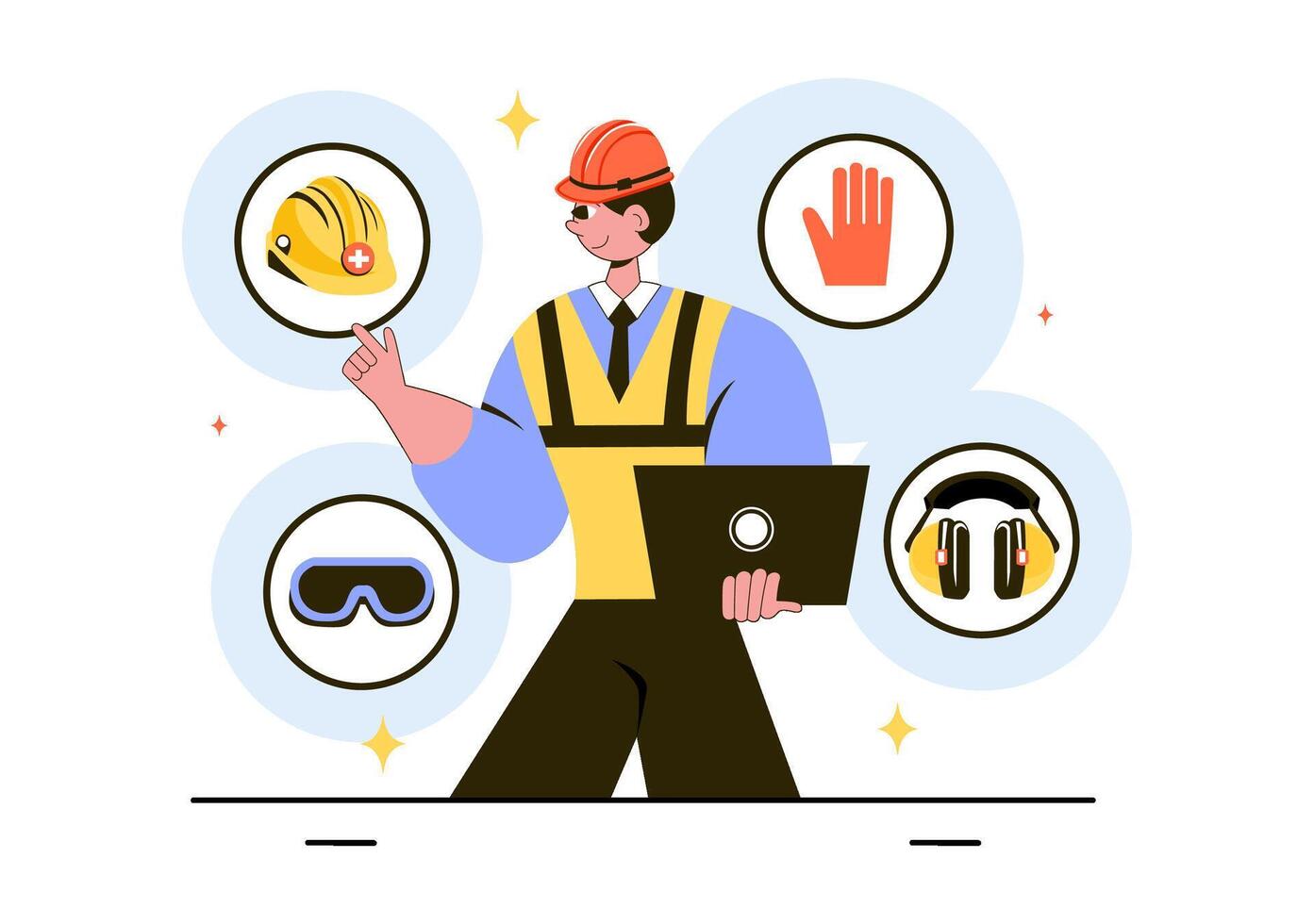 Construction worker with safety equipment icons vector