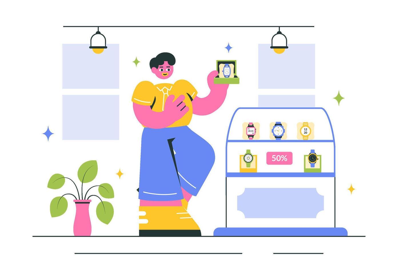 Timepiece Collection Illustration Featuring a Watch Store Display in Flat Design vector