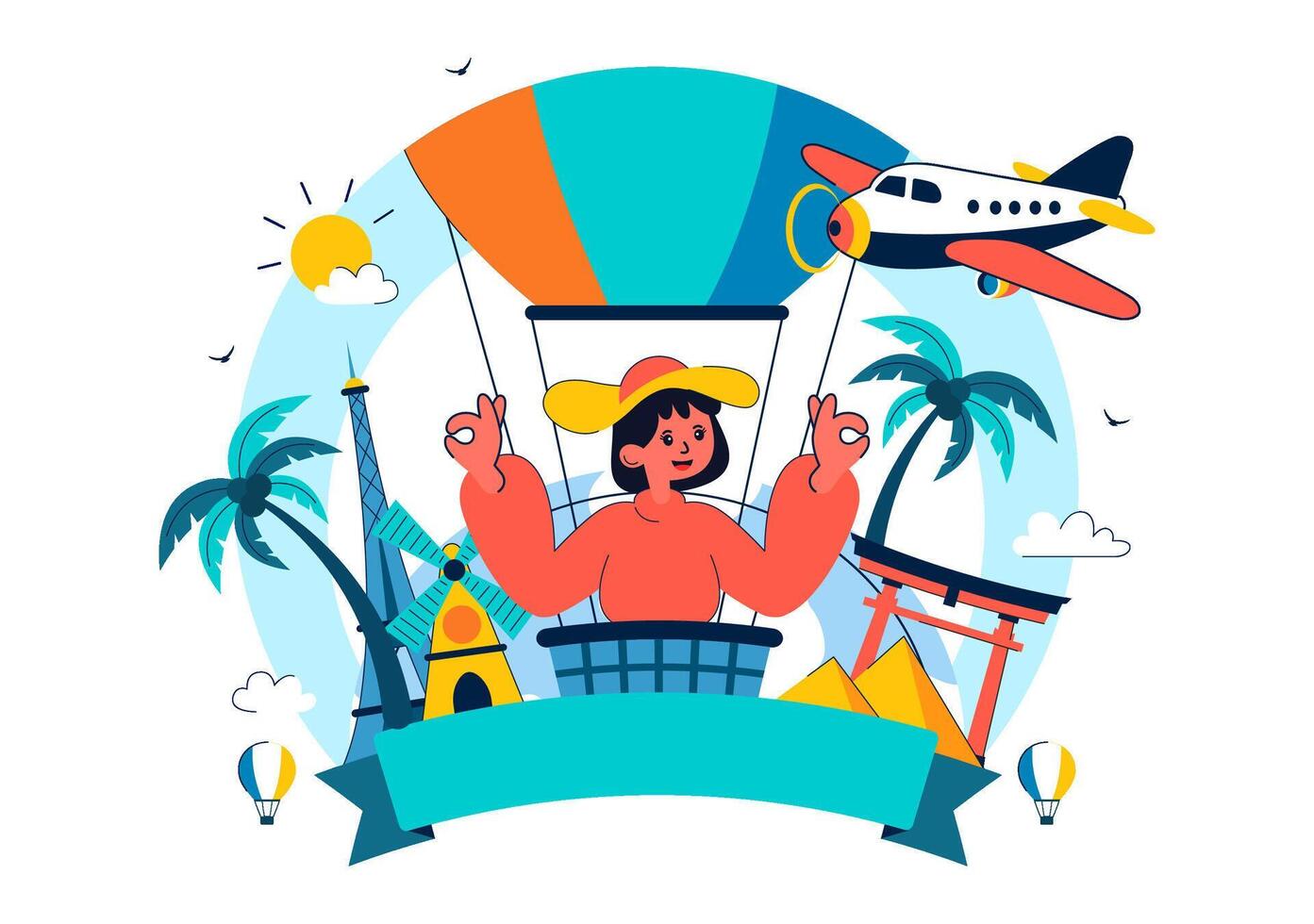 International Tourism Day with Globe and Popular Travel Landmarks in Cartoon Style vector