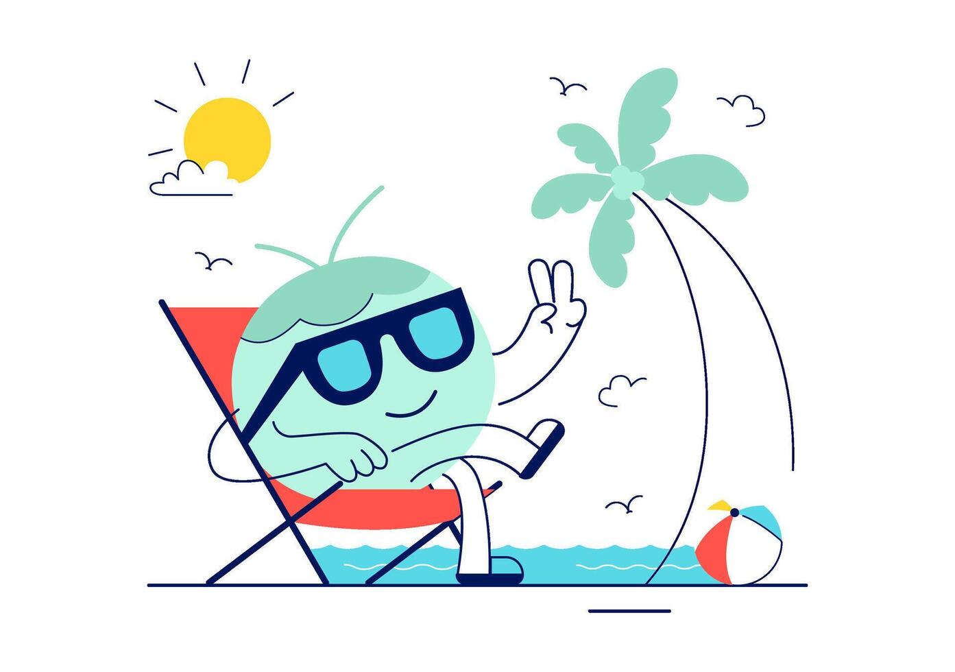 Coconut Day Poster with Island Palms, Sand, Flowers, and Summer Breeze in Flat Style vector