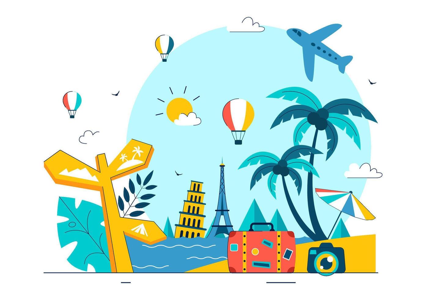 World Tourism Celebration with Iconic Statues, Globe, and Architecture in Flat Design vector