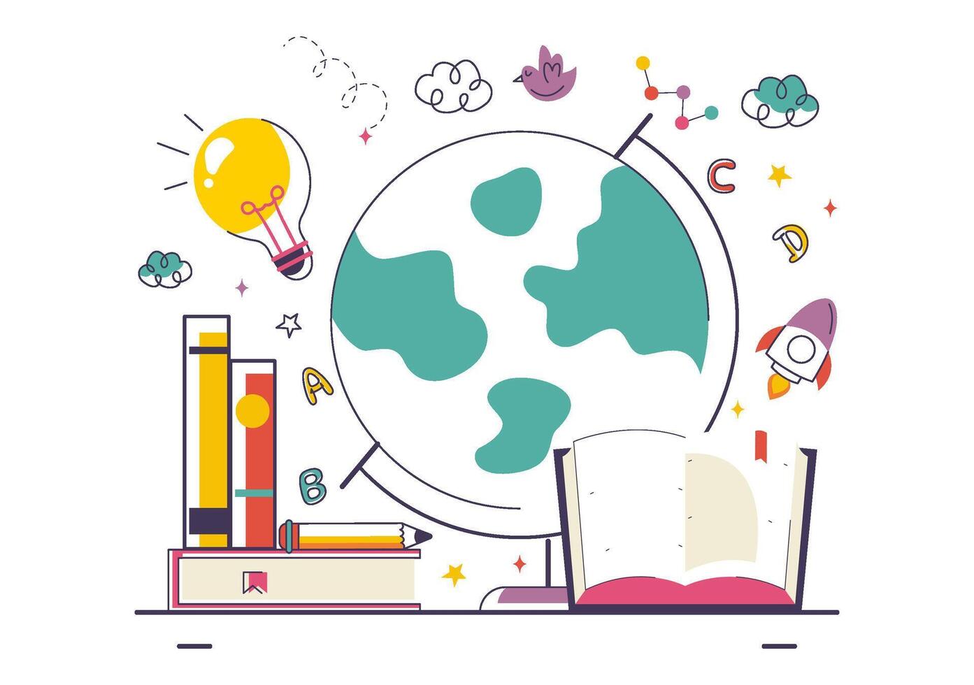 Cartoon Flat Illustration for Global Literacy Day Featuring Study Materials and Education Theme vector