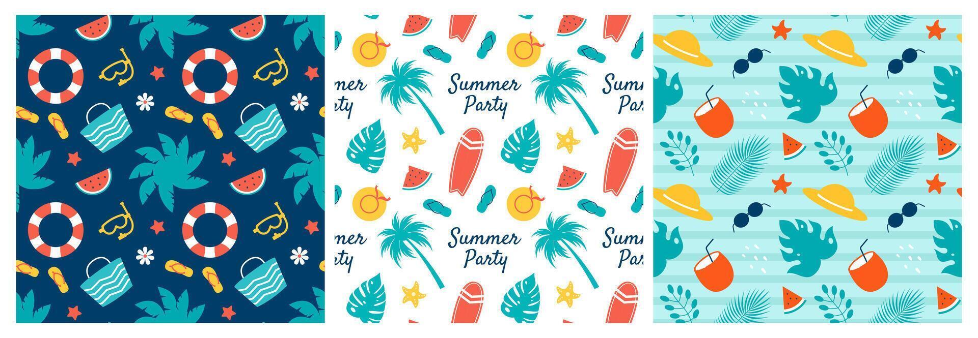 Seamless Tropical Paradise Pattern with Vacation and Beach Icons in Cartoon Style vector