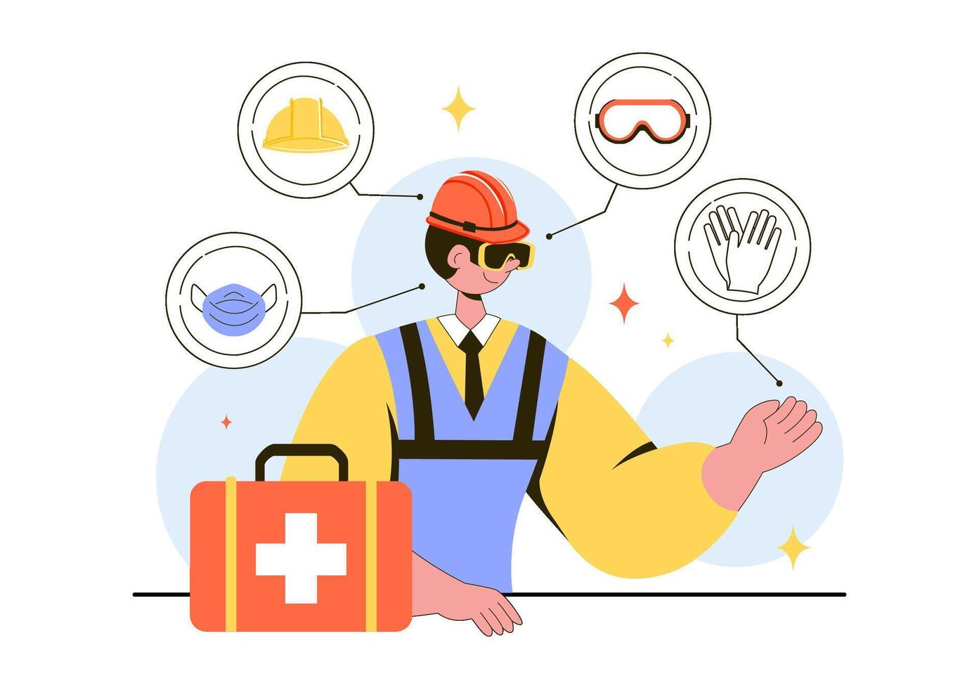 Flat Cartoon Design of Personal Protection Tools and Industrial Construction Worker vector