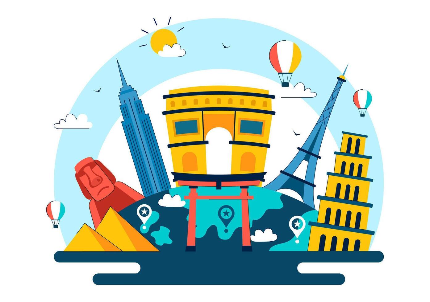 Happy World Tourism Day Illustration with Globe and Iconic Global Landmarks in Flat Cartoon Background vector