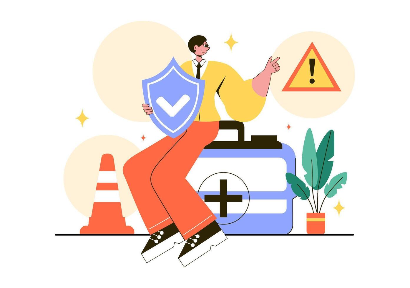 Man with shield and safety symbols vector