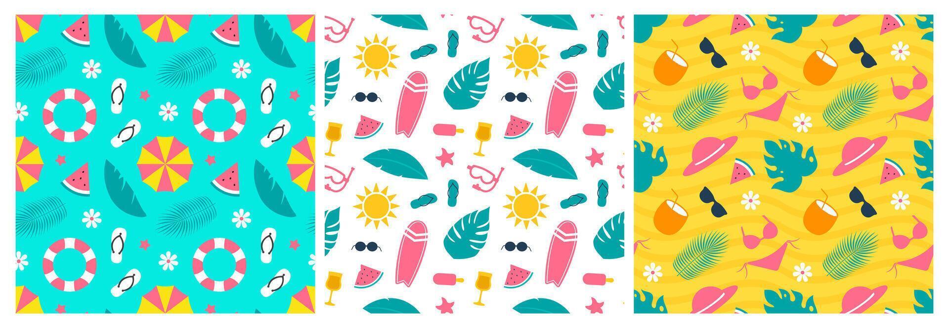 Seamless Pattern Design of Summer Vibes Featuring Palm Trees, Suns, and Beaches in Flat Cartoon vector