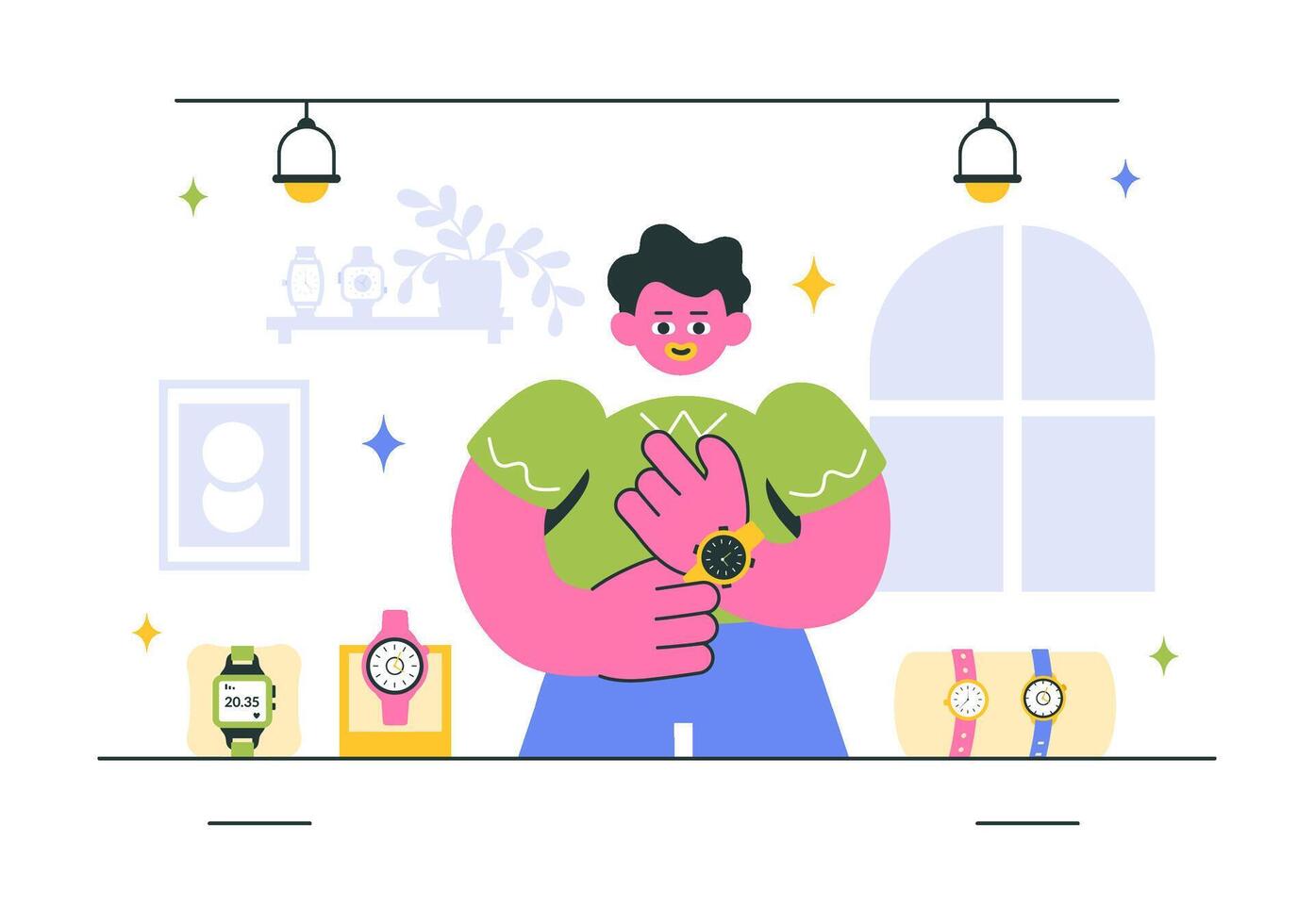 Watch Retail Store Illustration with Elegant Wristwatch Models in Flat Cartoon Style vector