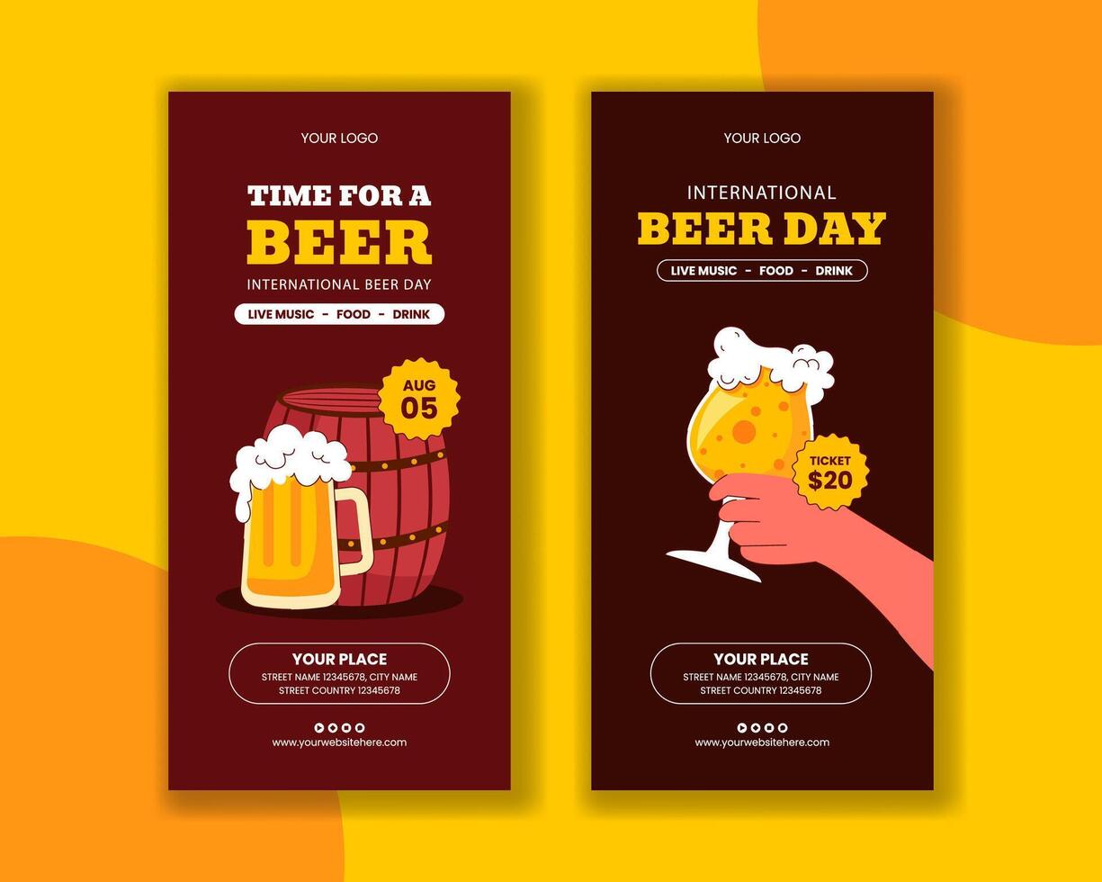 Cartoon Illustration for International Beer Day with Glasses, Barrels, and Social Media Vertical Banner vector