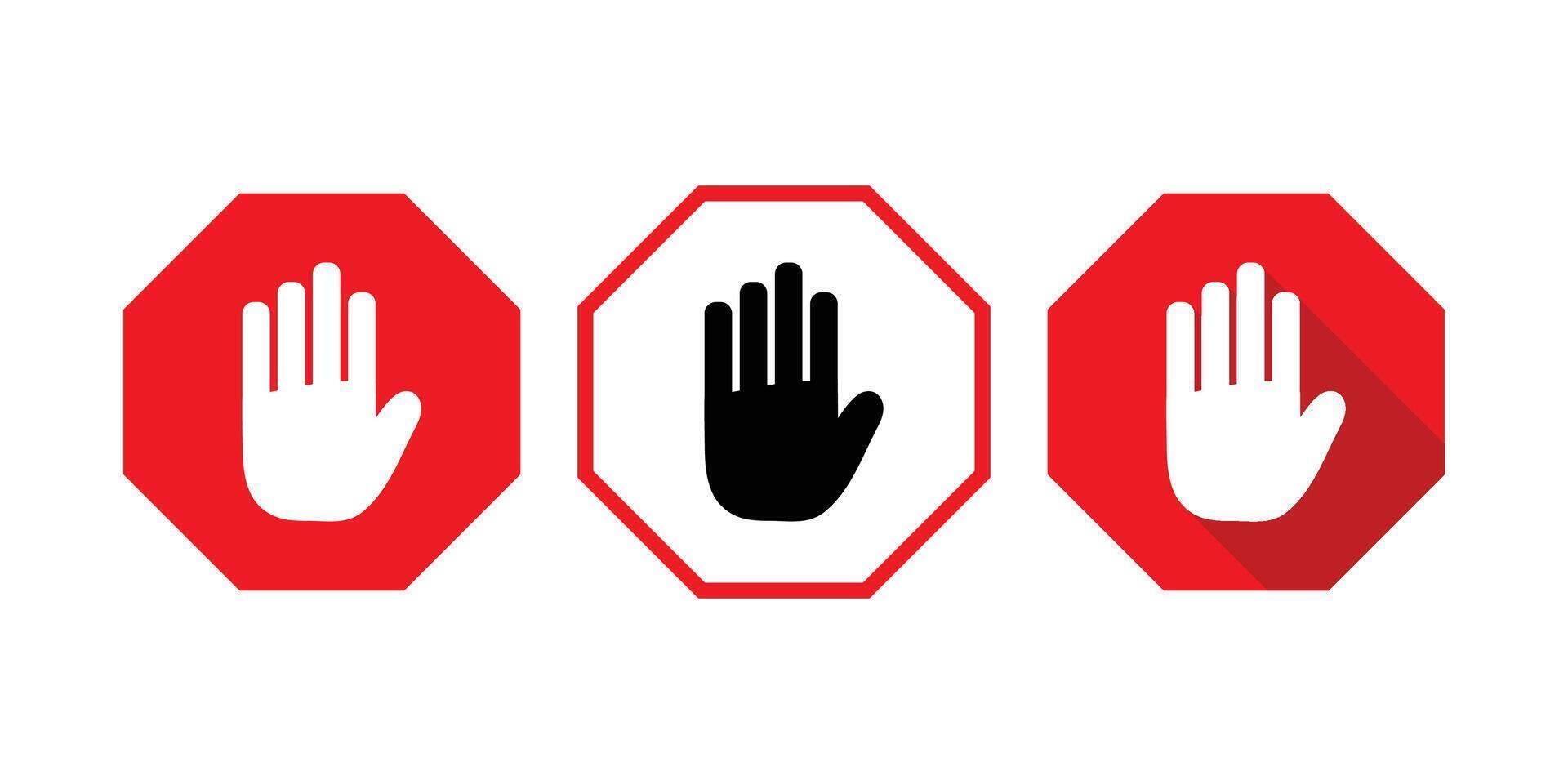 Red Octagonal Stop Sign with Hand Icons for Safety Warnings. No Entry Stop Hand Symbol for Prohibited Activities. vector