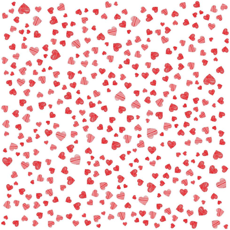 A festive and romantic red and white hearts pattern, hand drawn, scribbled style. vector