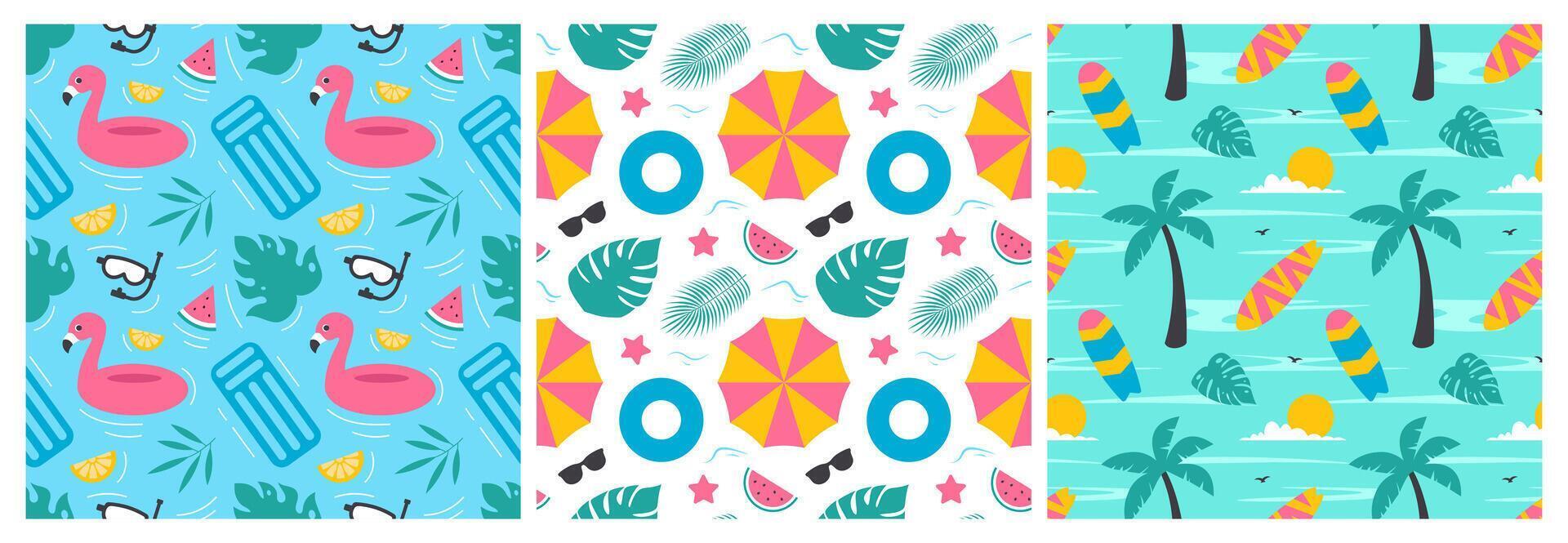 Summer patterns featuring flamingos and surfboards vector