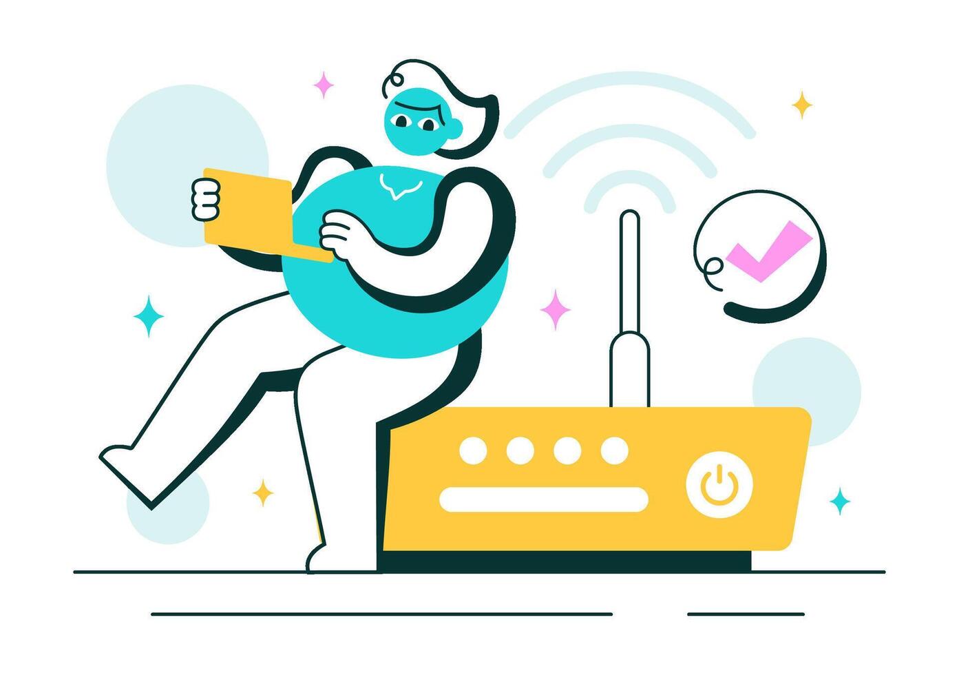 Wireless Internet Security Illustration with Devices, Password Locks, and Encrypted Connections in Flat Cartoon Style vector