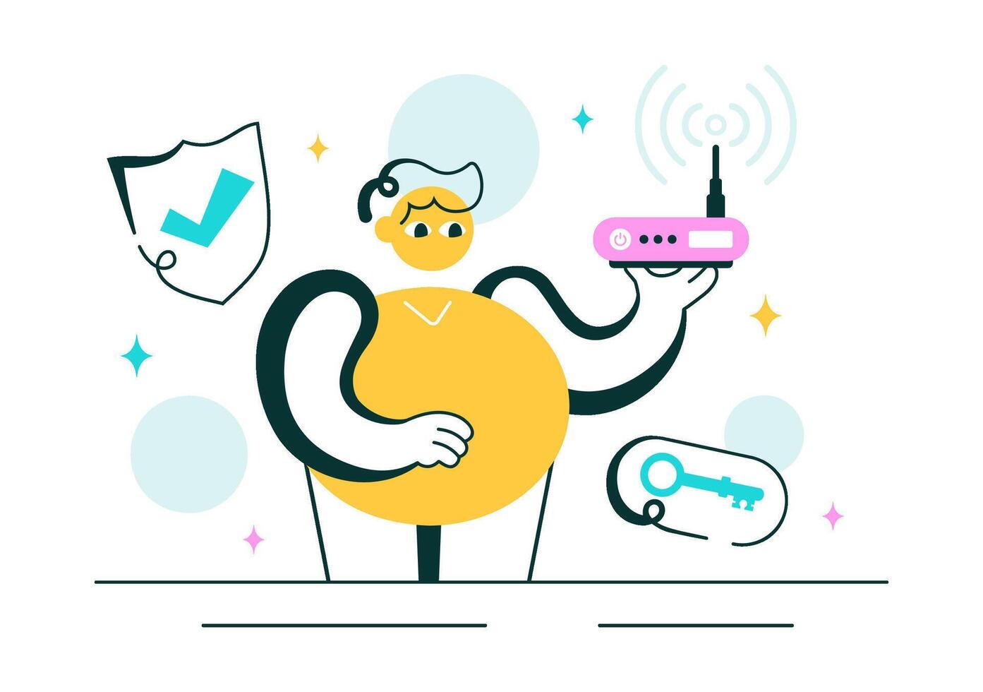 Cartoon of WiFi Security Concept with Laptop, Router, and Shield Icons vector