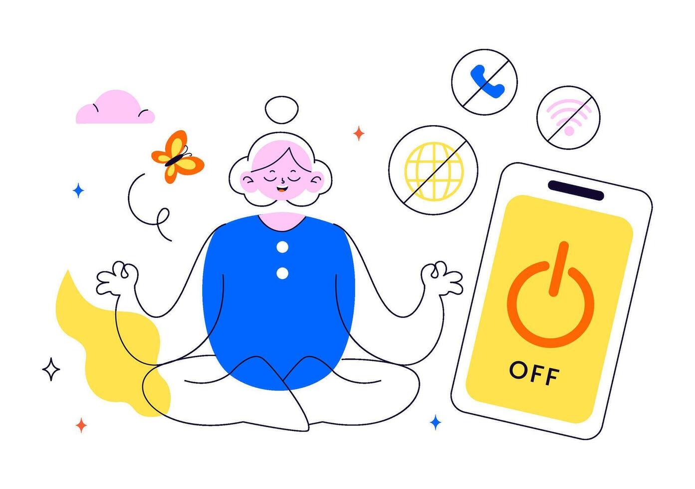 Flat Cartoon of People Relaxing During Digital Detox from Phones, Social Media, and Internet vector