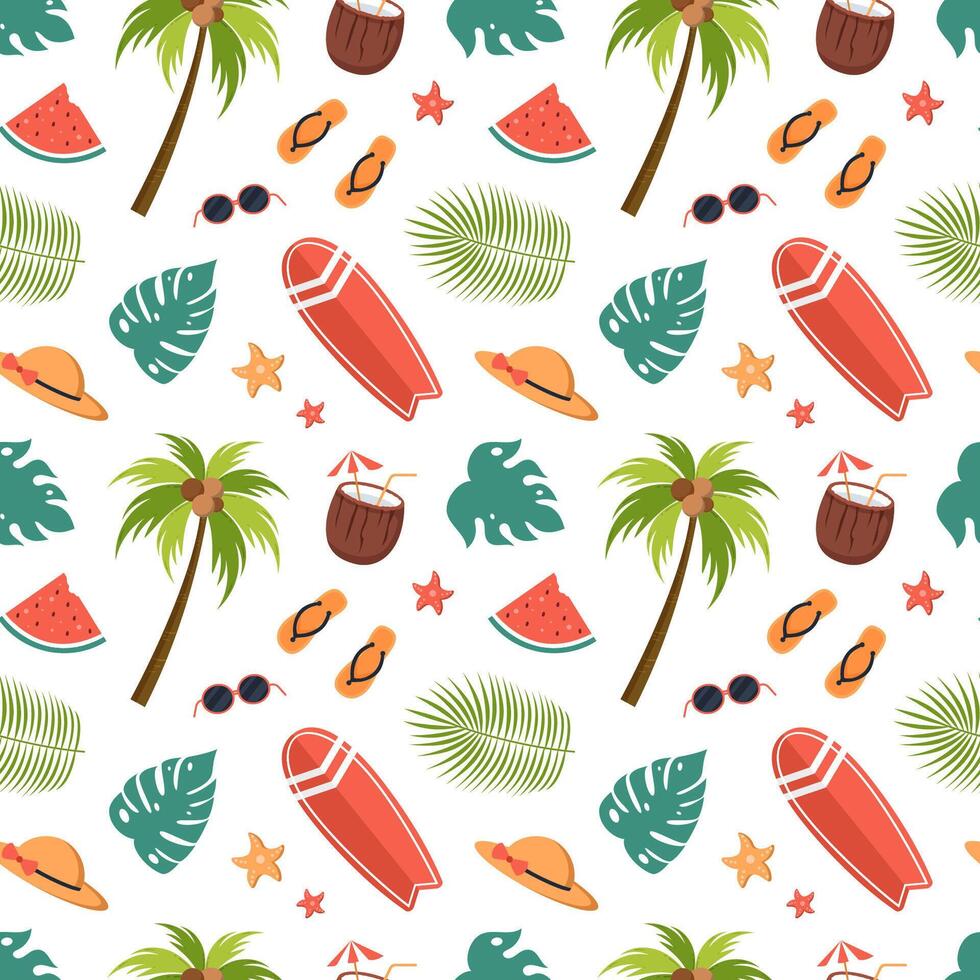 tropical pattern with palm trees and surfboards vector