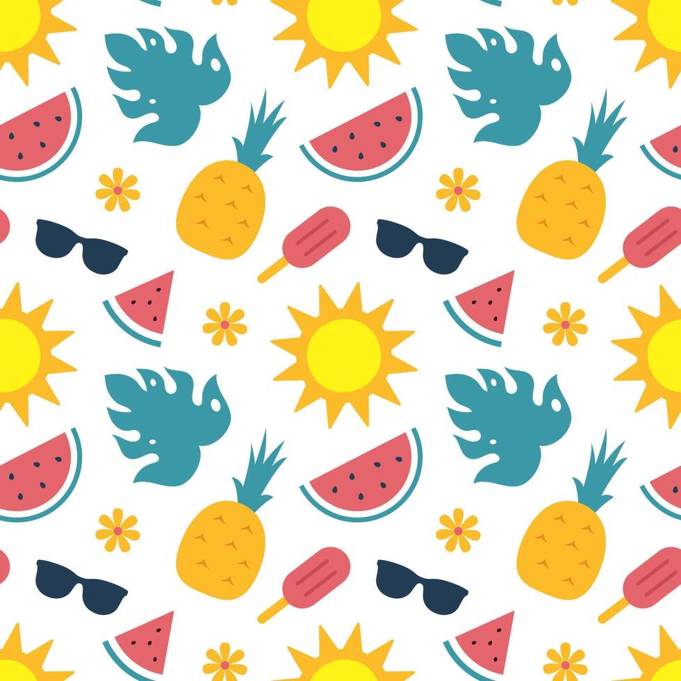 Doodle Style Seamless Summer Pattern Featuring Sun, Surf, and Sand Elements vector