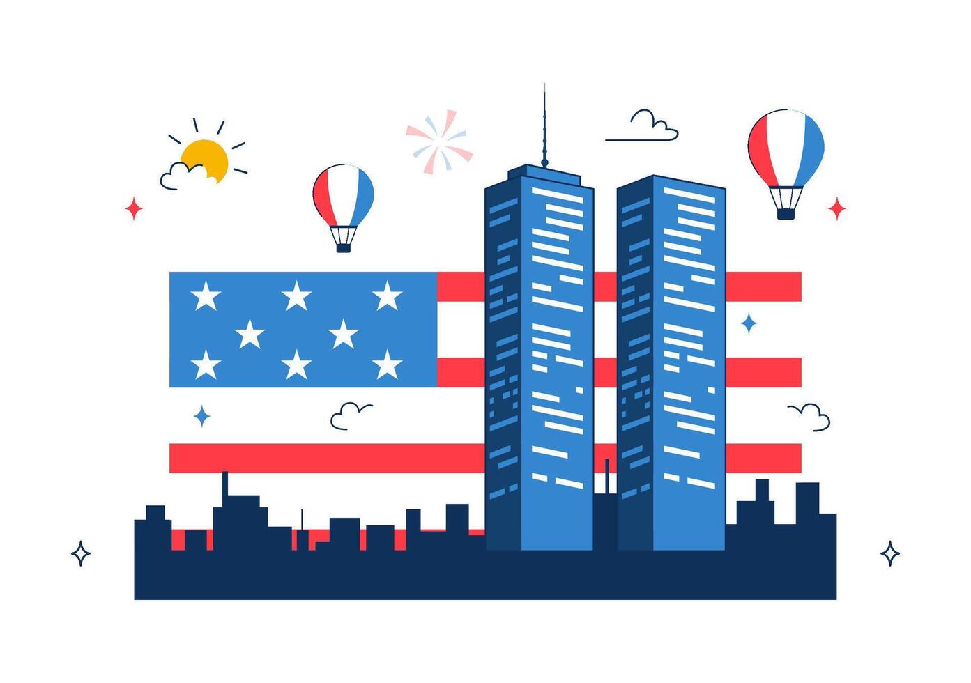 Twin Towers with American flag and balloons vector