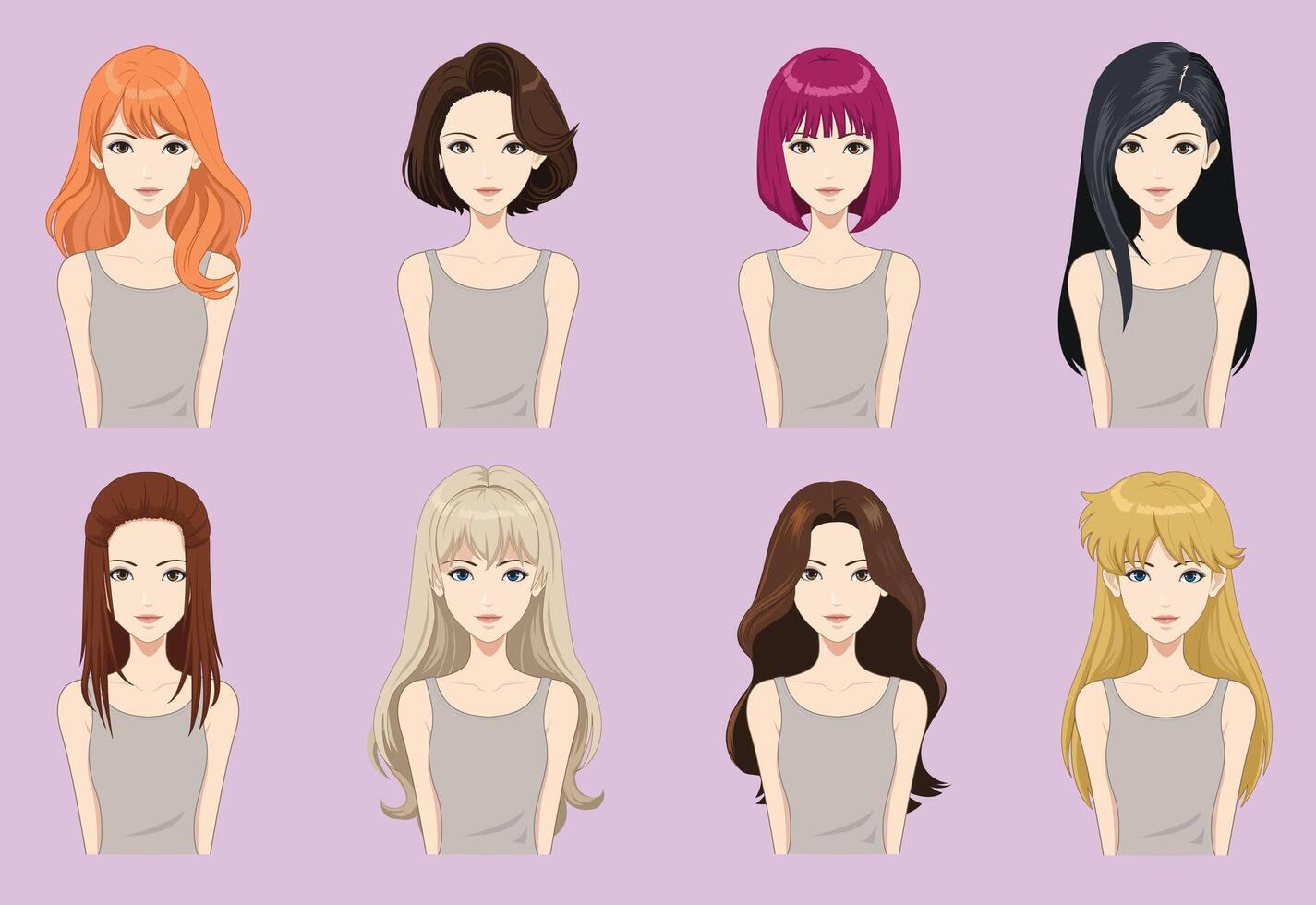 Diverse hairstyles on anime characters vector