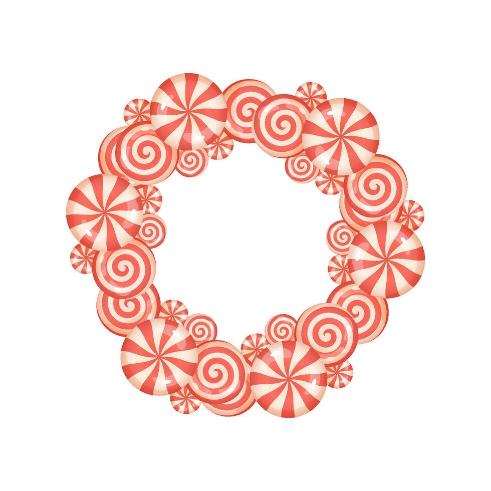 Swirl peppermint candy Christmas wreath in festive round layout vector