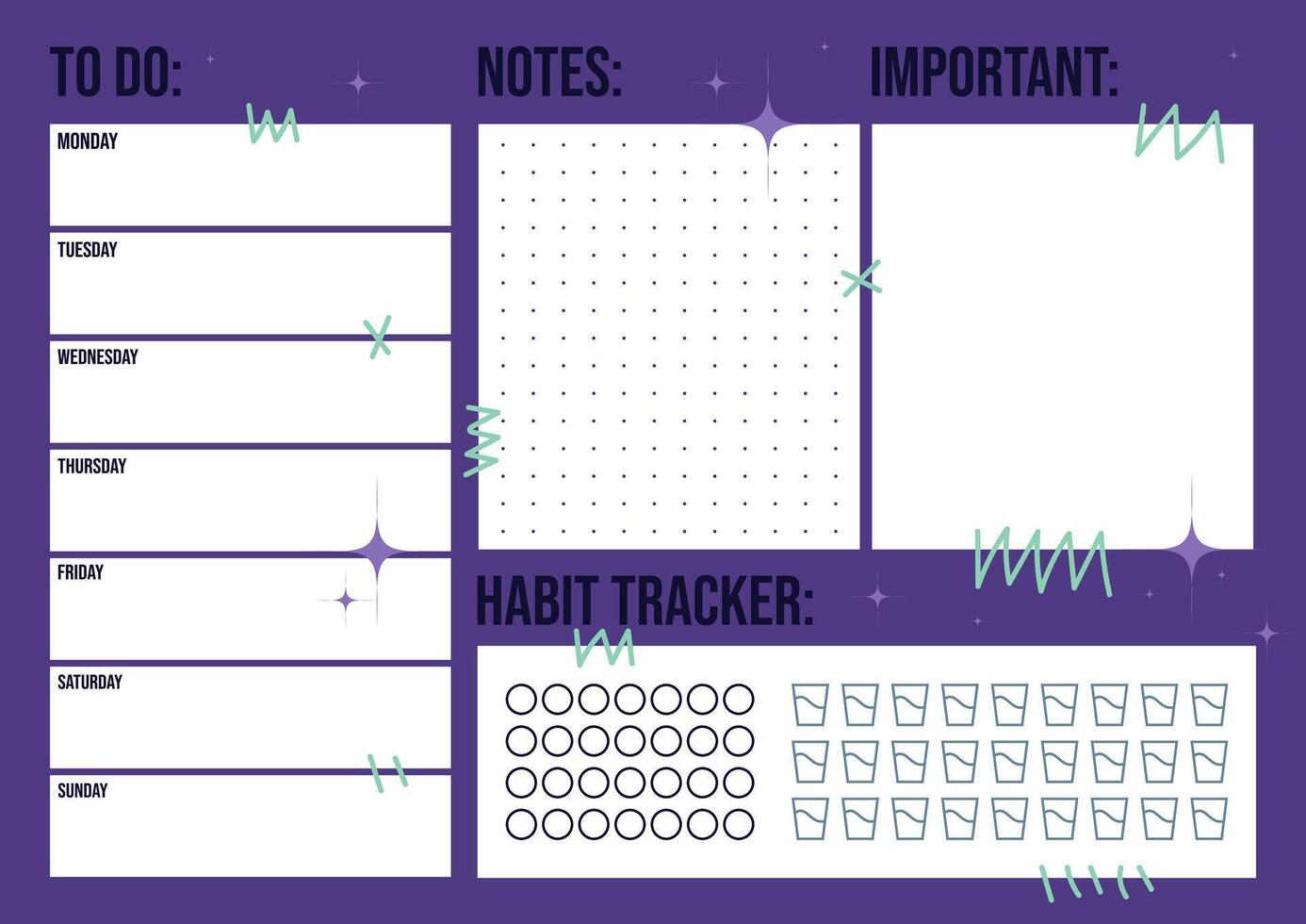 Modern Weekly Planner with Notes and Habit Tracker on Purple Background vector