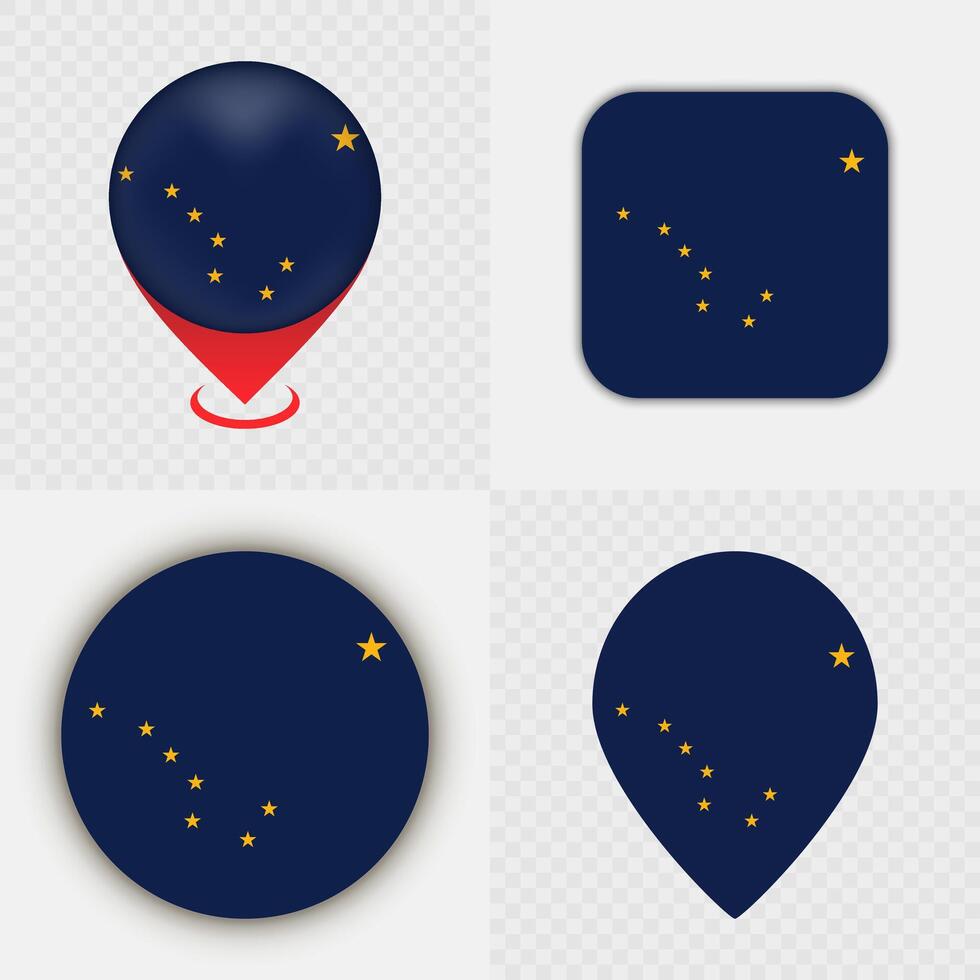 Set of Alaska State Flag Icons and Map Pins. vector