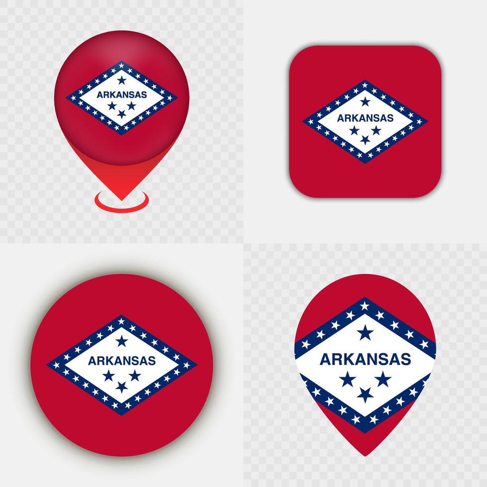 Set of Arkansas State Flag Icons and Map Pins. vector