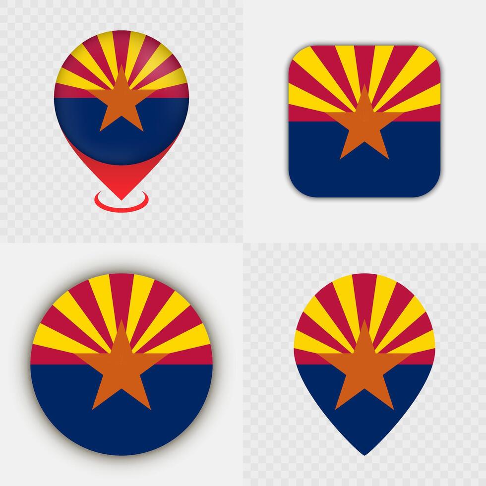 Set of Arizona State Flag Icons and Map Pins. vector