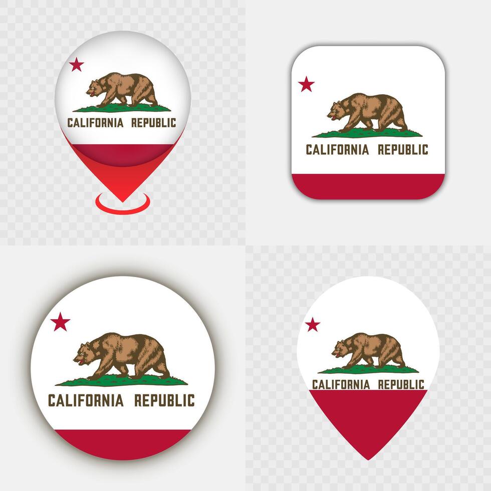 Set of California State Flag Icons and Map Pins. vector