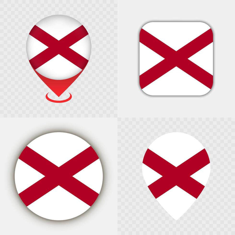 Set of Alabama State Flag Icons and Map Pins. vector
