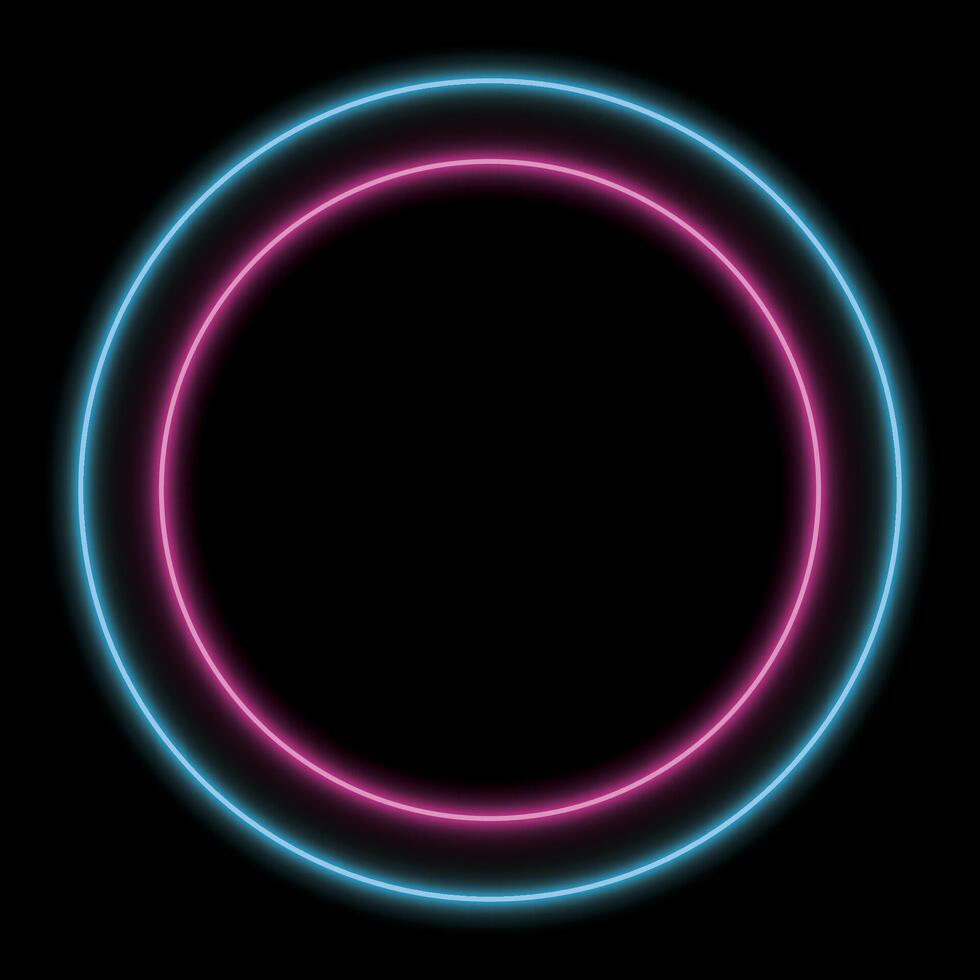 Pink and blue neon lighting circle frame on black square background graphic illustration. vector