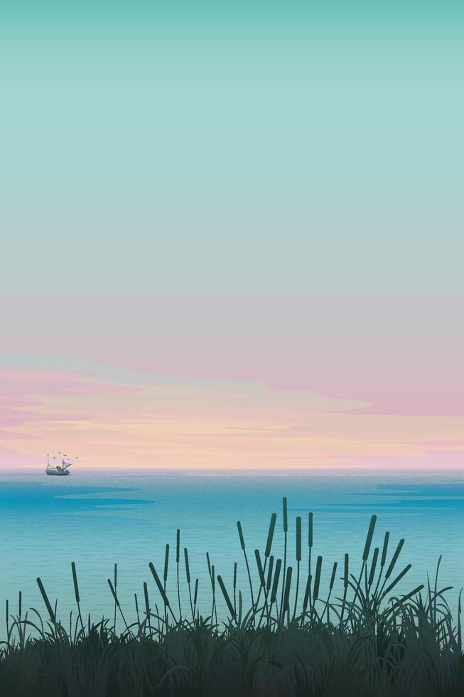 Ocean sunset with ship and grass vector