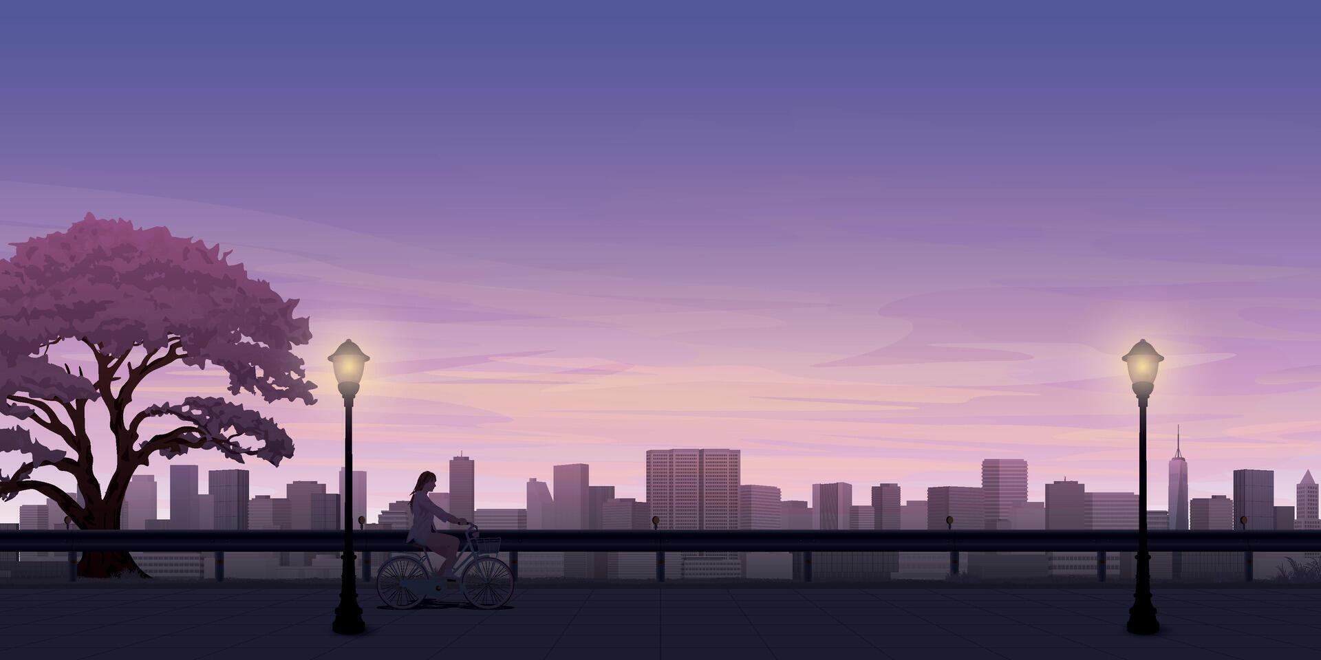Biker riding at sunset in city vector