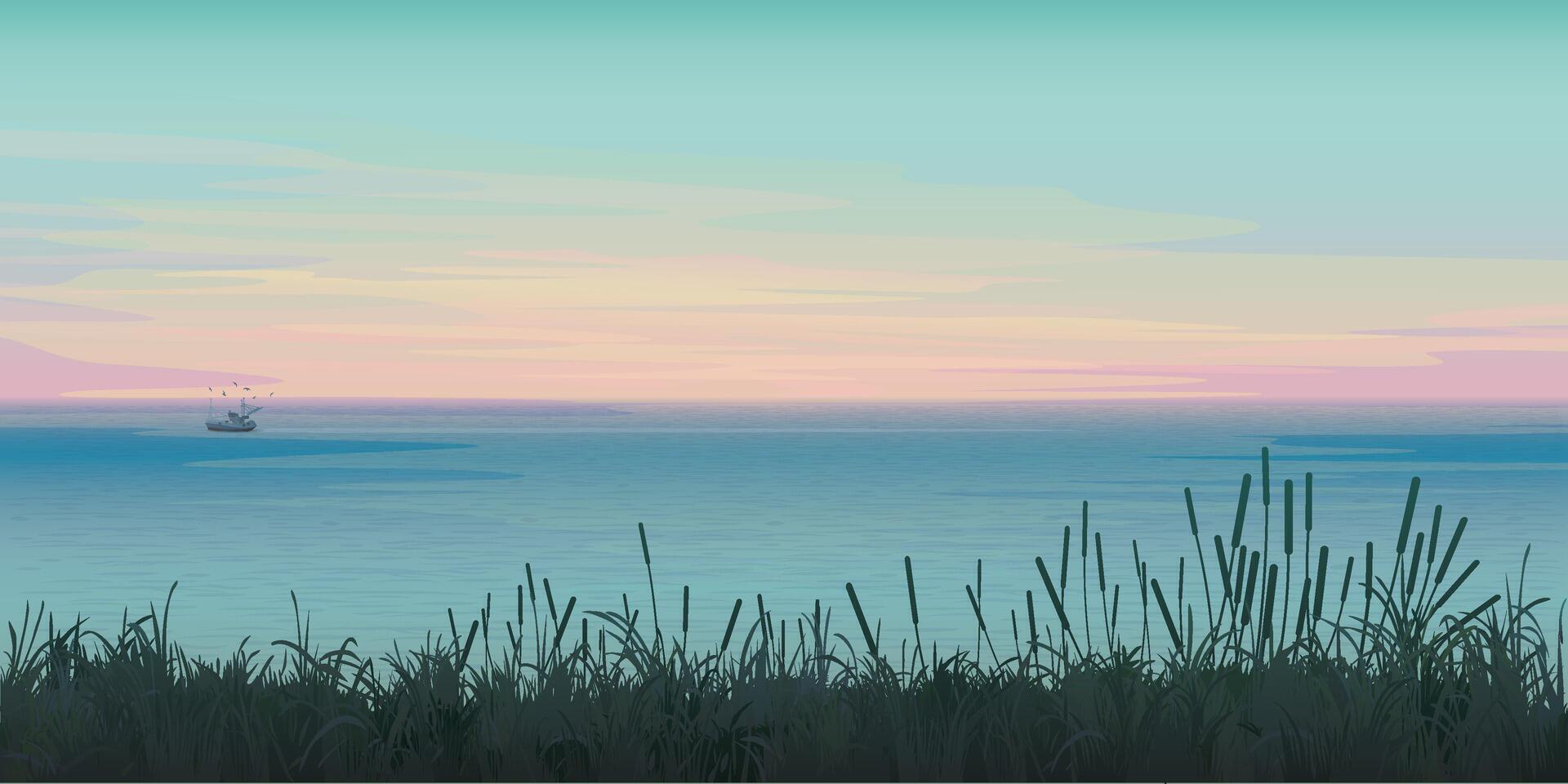 Coastal sunset with a fishing boat vector