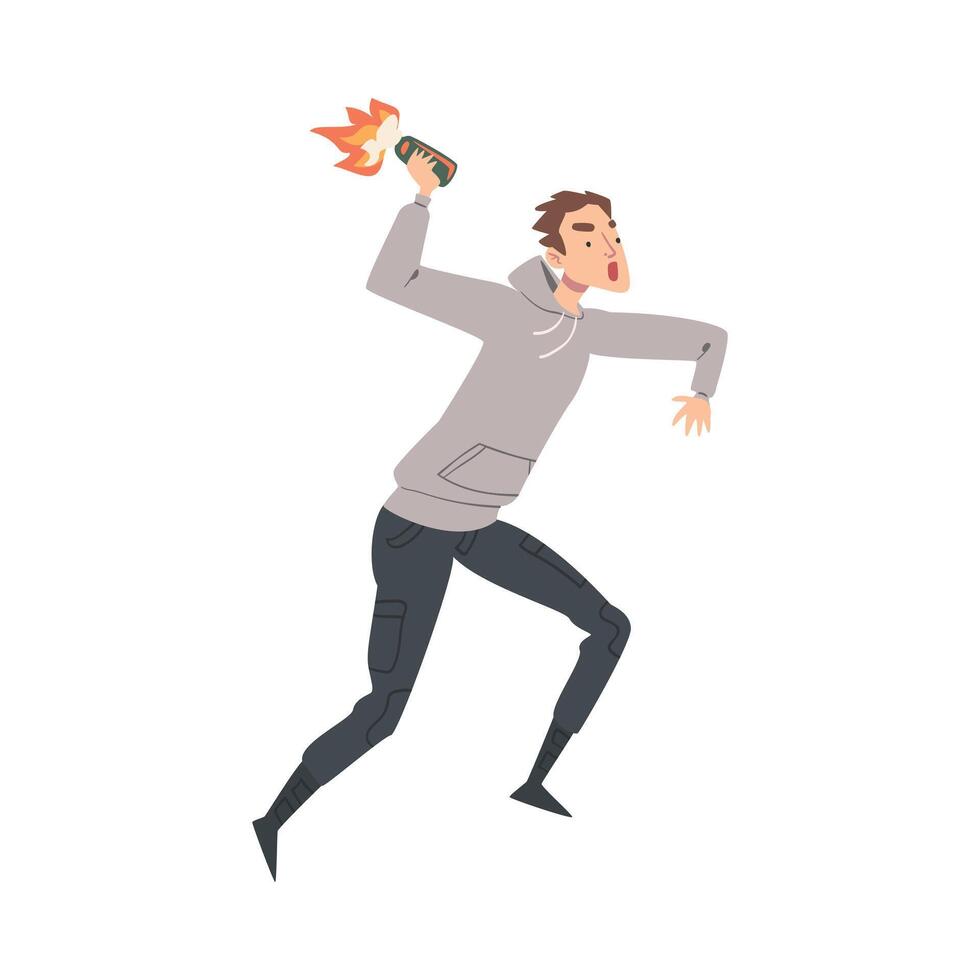 Male Character with Molotov Cocktail Attacking and Fighting in Street Riot Illustration vector