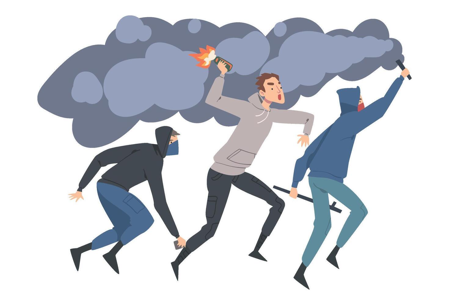 Male Characters with Bat and Molotov Cocktail Attacking and Fighting in Street Riot Illustration vector