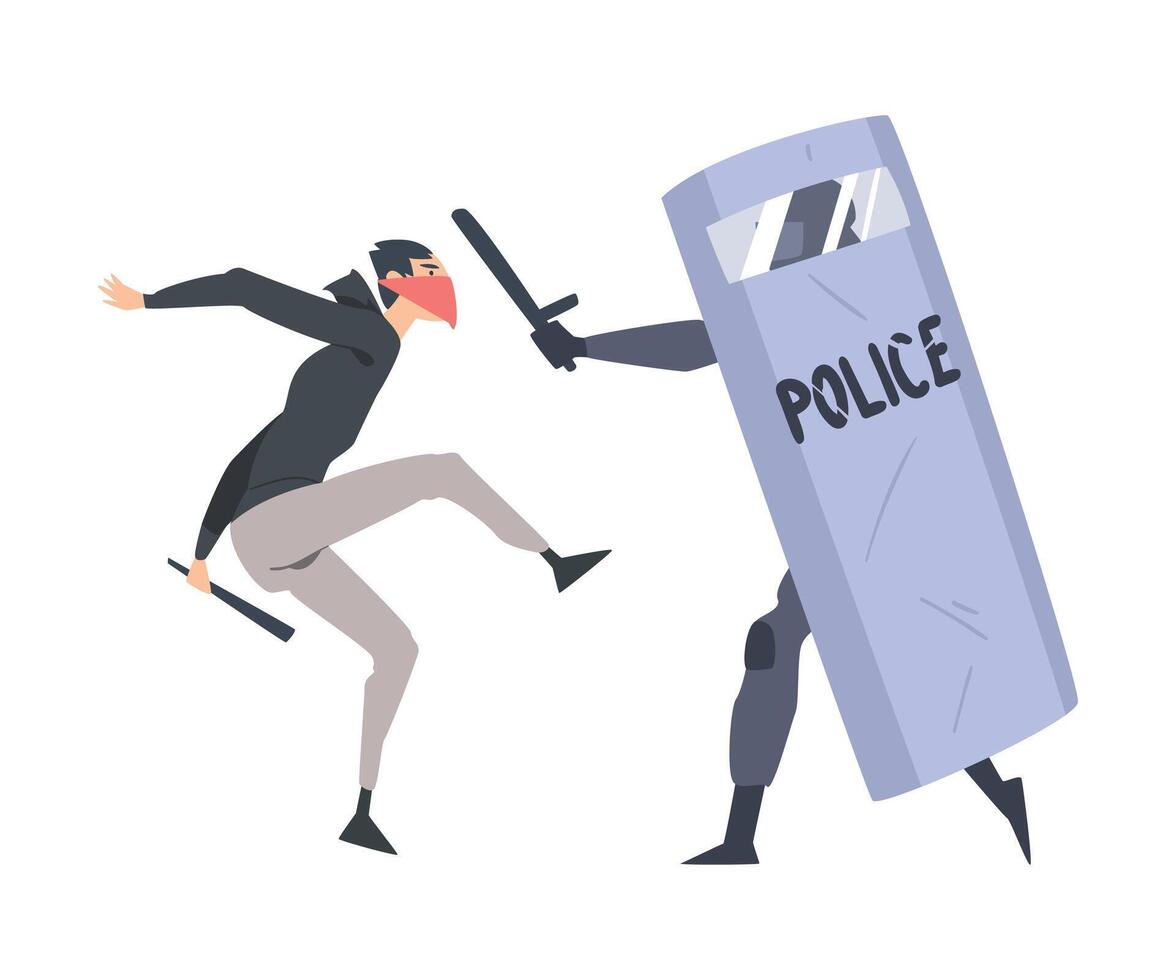 Young Man Rioter with Covered Face Fighting with Armed Policeman Defending with Shield Illustration vector