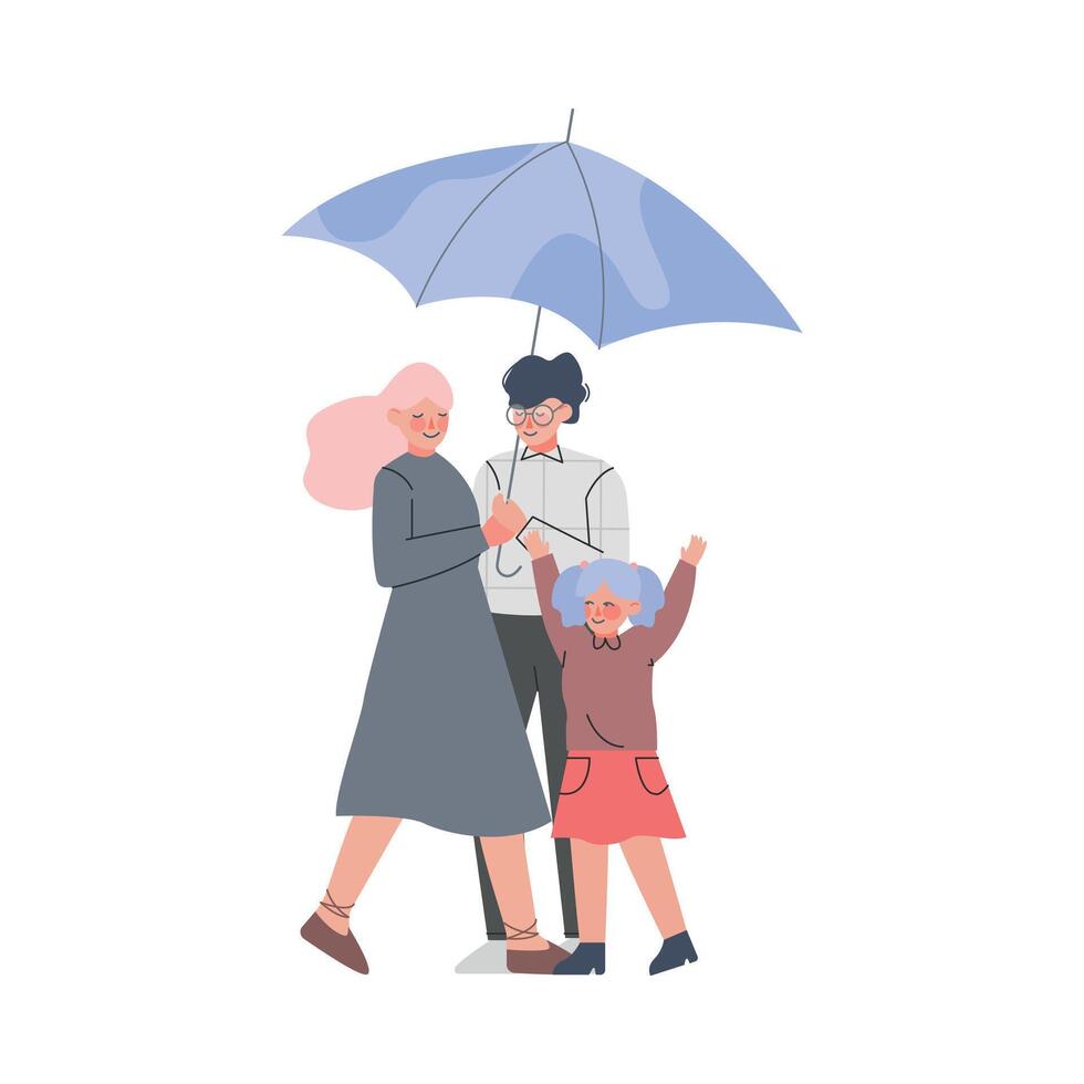 Young Family and Little Kid with Umbrella Enjoying Walk in the Rainy Day Illustration vector