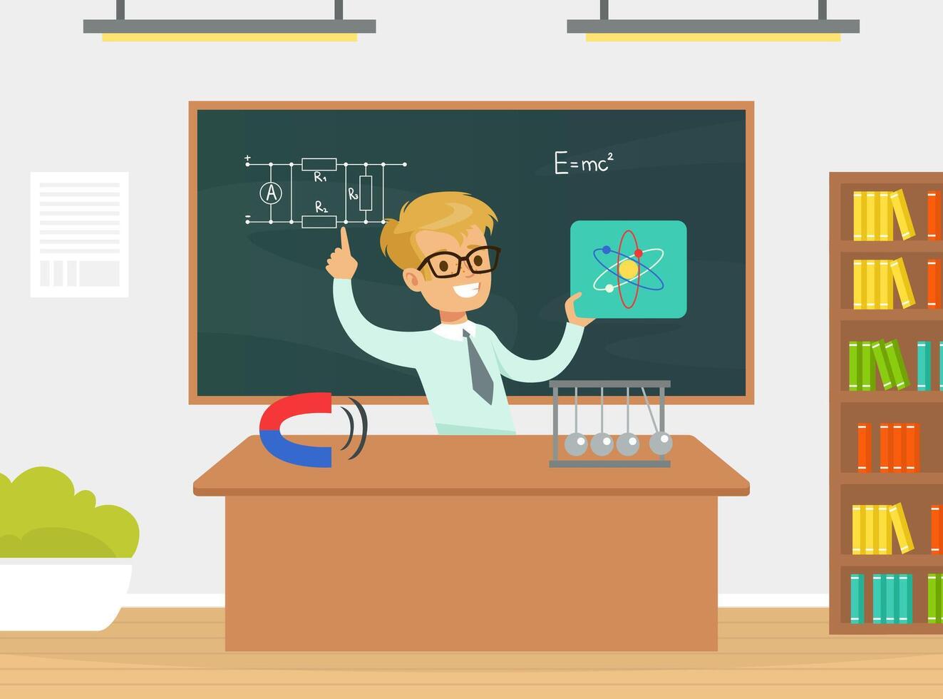 Teacher presenting science concepts energetically vector