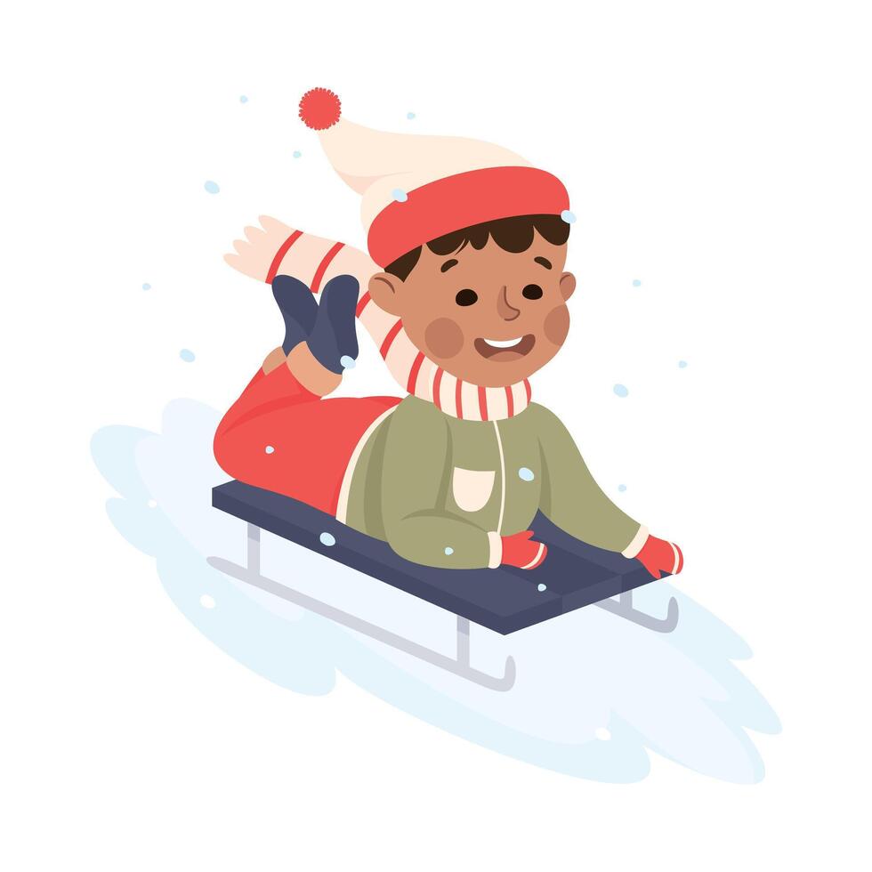 Excited Boy in Warm Clothing Sledging or Sledding Downhill Illustration vector