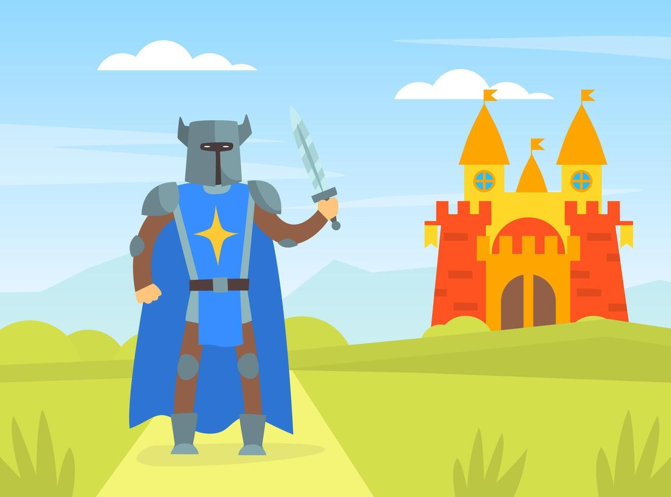Medieval Armored Knight Warrior Standing on Nature Landscape with Castle Cartoon Illustration vector