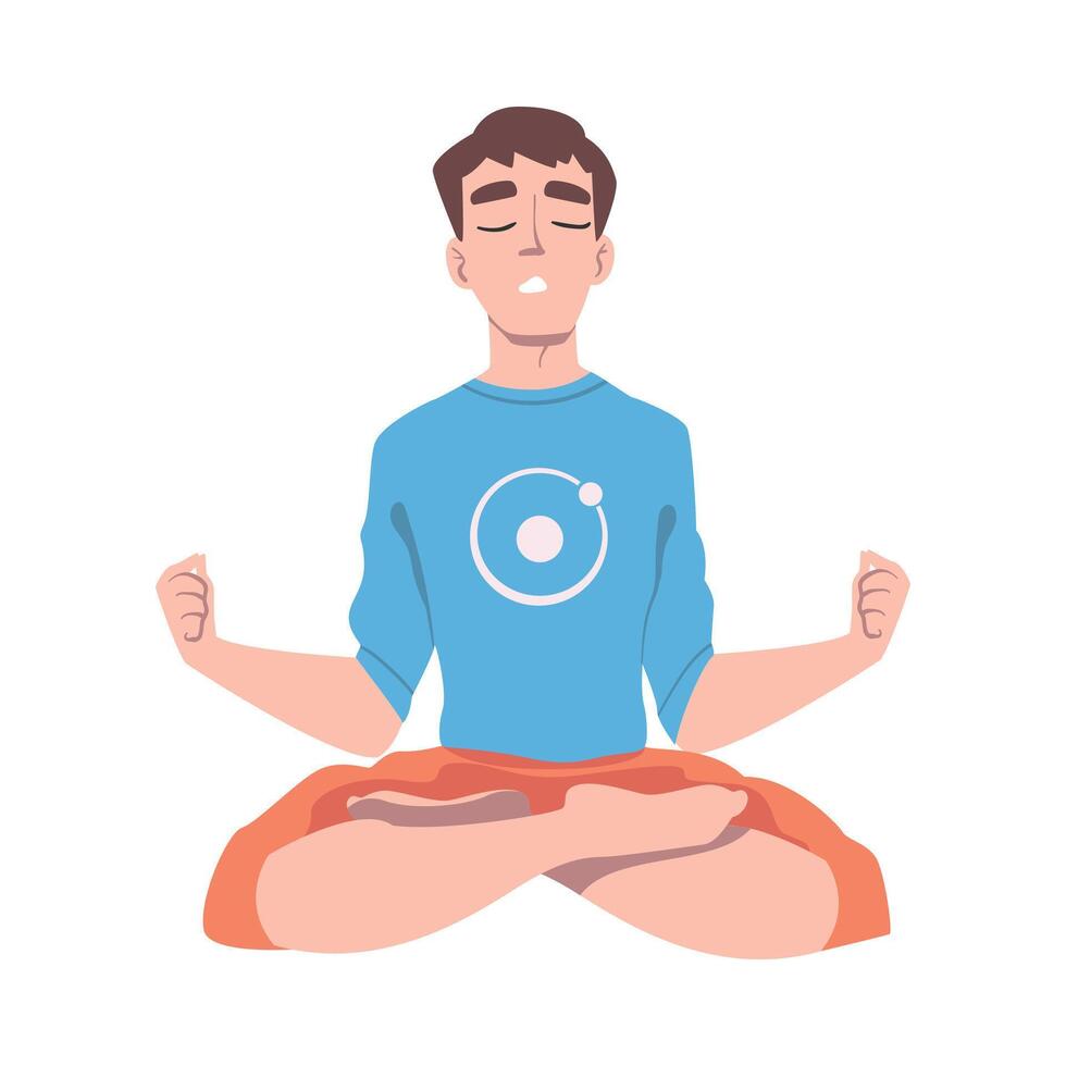 Male with Closed Eyes and Crossed Legs Sitting in Lotus Position Practising Yoga Illustration vector